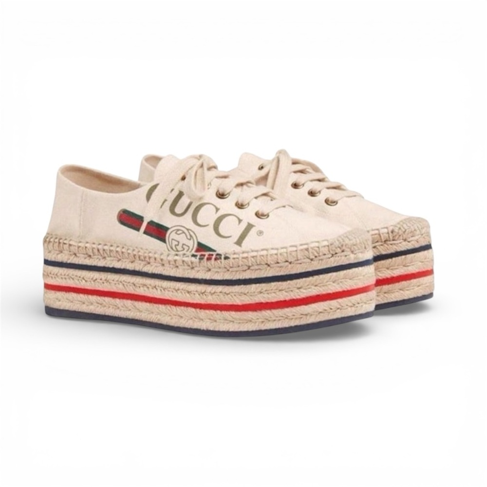 EUC/LIKE NEW Gucci Logo Platform Espadrilles Canvas in Off-White - Size EU 34